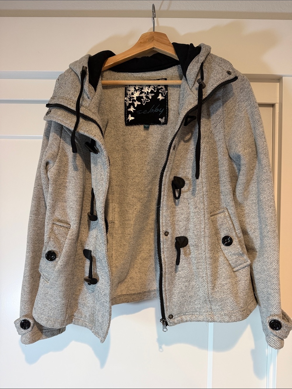 Sebby Light Gray Hooded Toggle Pea Coat